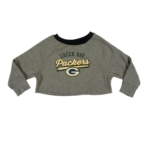 NFL Green Bay Packers Girls Cropped Sweatshirt with Distressed Logo in Grey, L - Picture 1 of 5